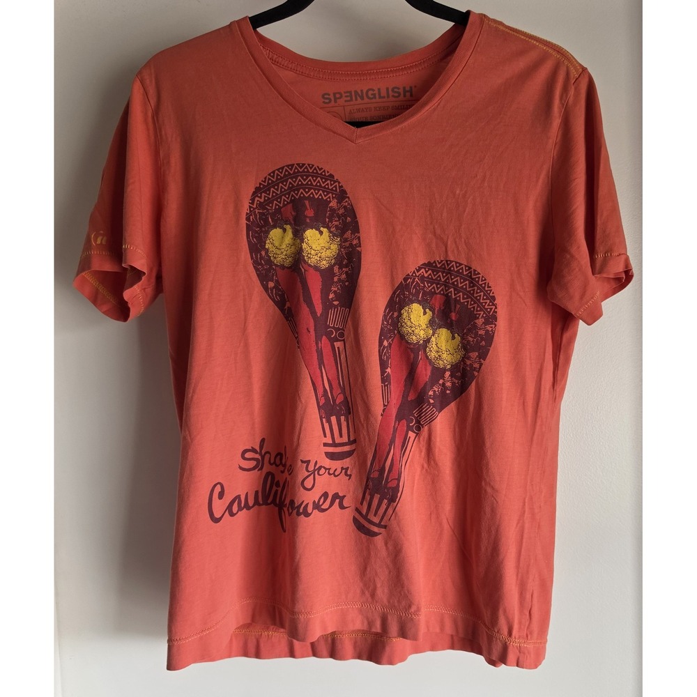 Spenglish Shake Your Cauliflower T-Shirt S Orange V-Neck Short Sleeve Cotton Tee